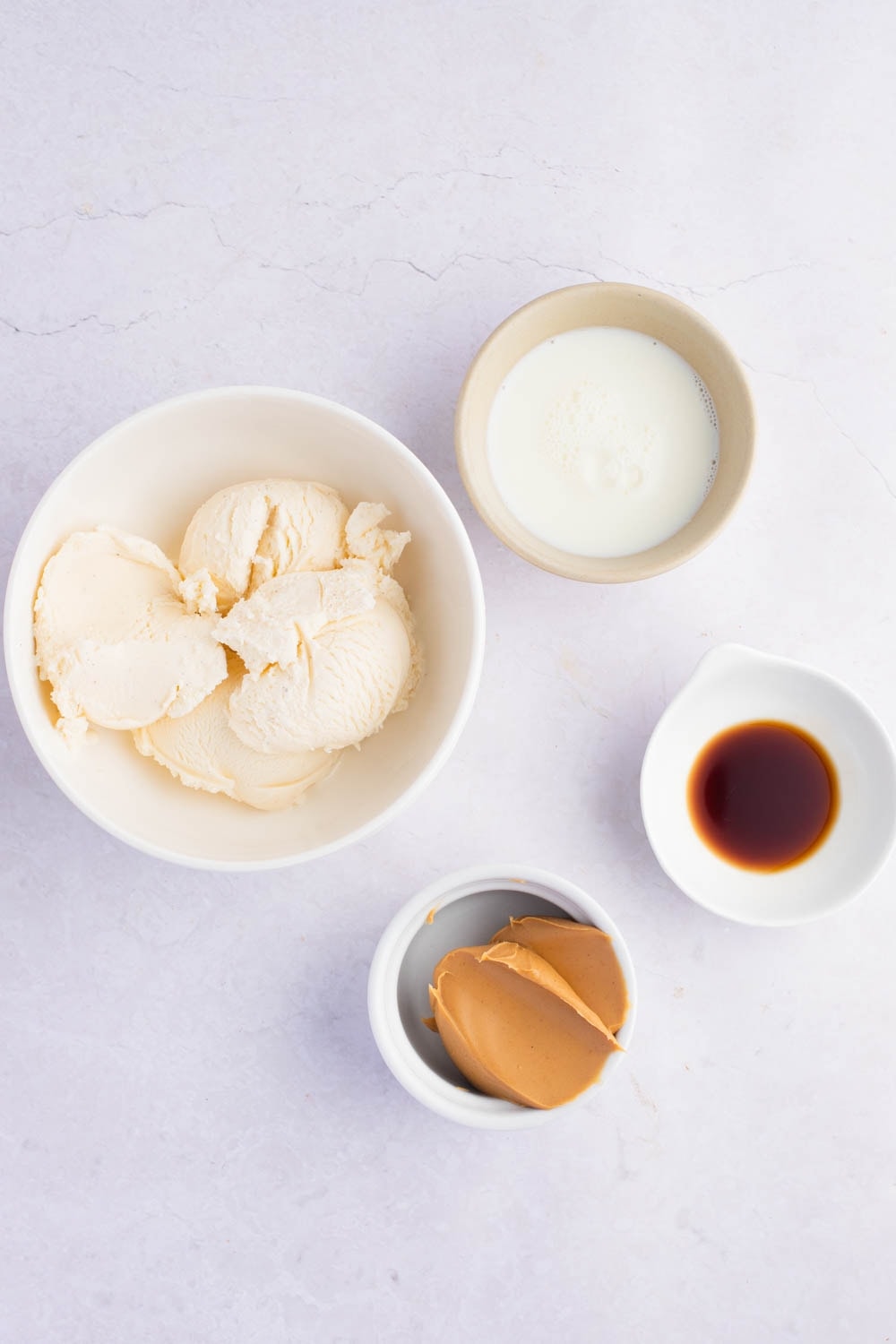 Peanut Butter Milkshake Ingredients - Vanilla Ice Cream, Milk, Peanut Butter and Vanilla Extract