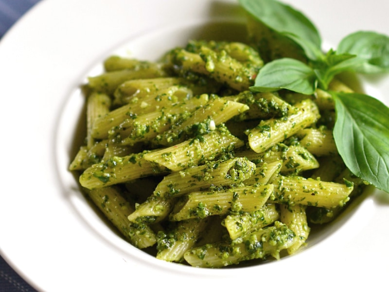 Penne Pesto Pasta Served on a White Plate