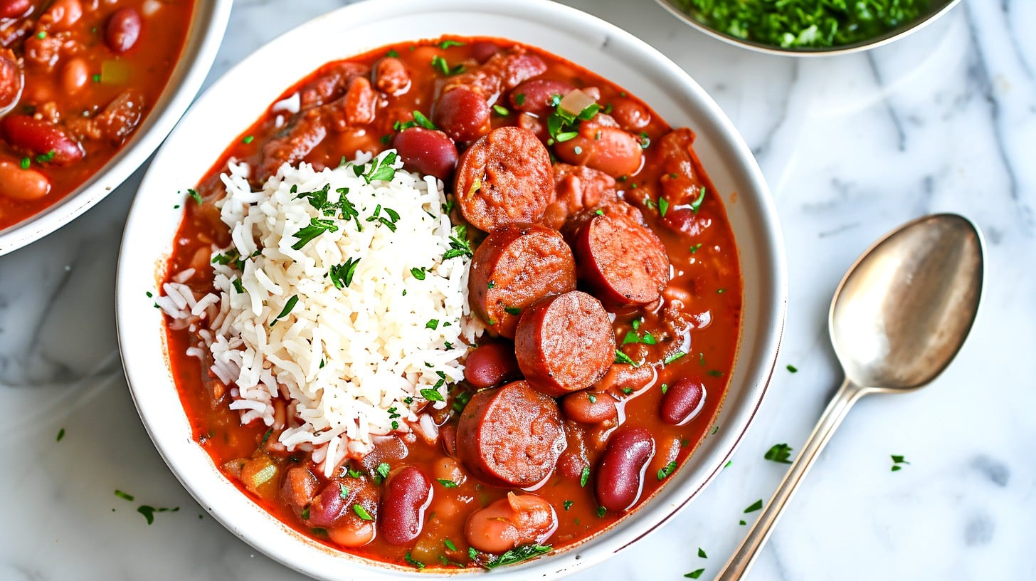 A hearty bowl of red beans with a small scoop of rice and andouille sausage on a white marble table