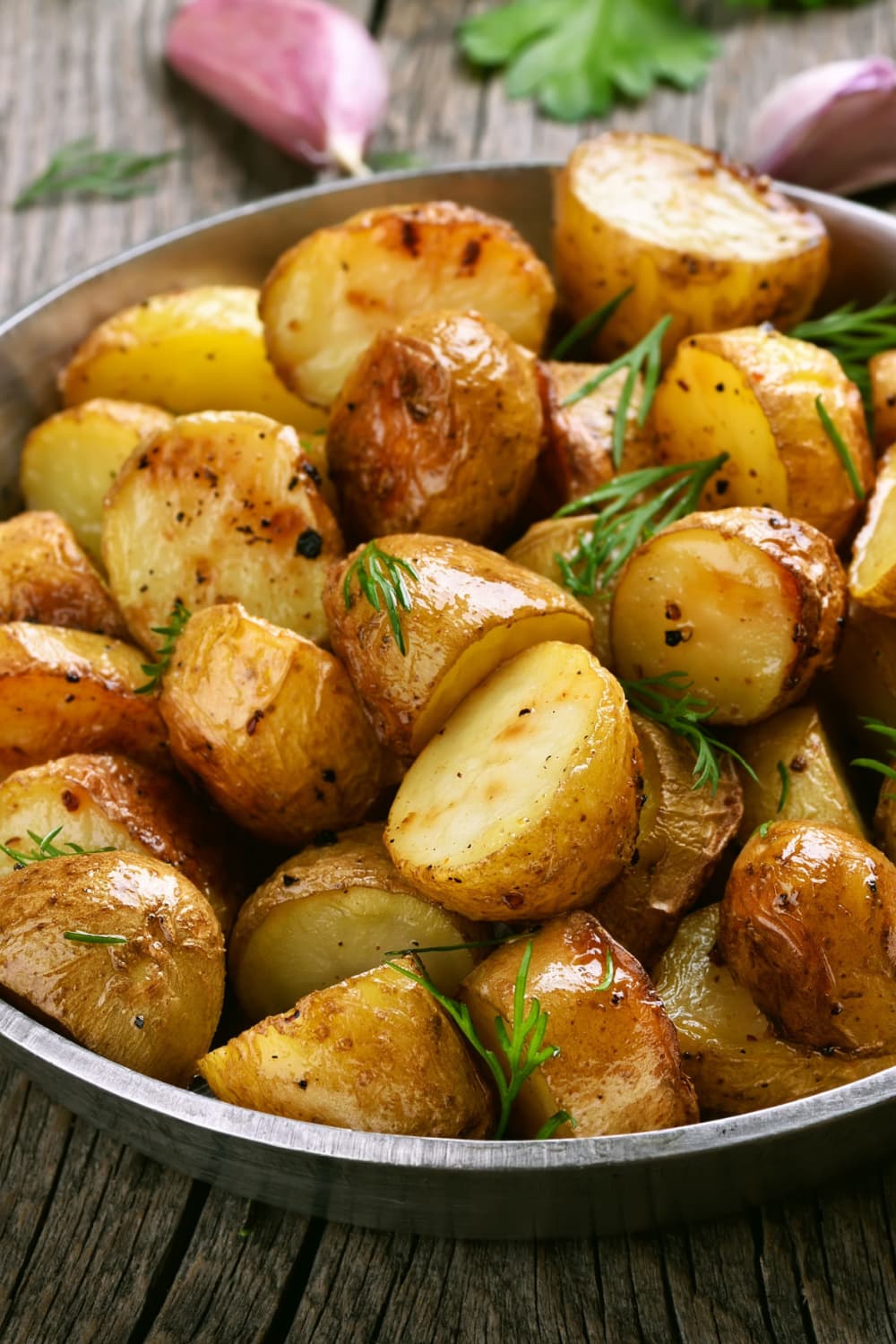 Rosemary roasted potatoes in skillet. 