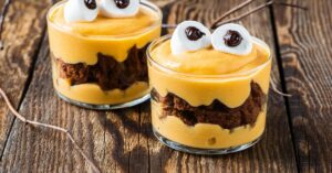 Sweet Homemade Chocolate Trifle with Cream Mascarpone and Marshmallow Eyes