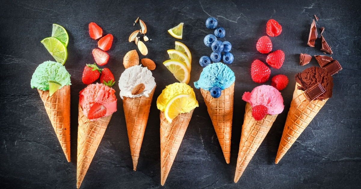 Sweet Homemade Ice Cream Gelato with Different Flavors Including Berries, Citrus, Nuts and Chocolate