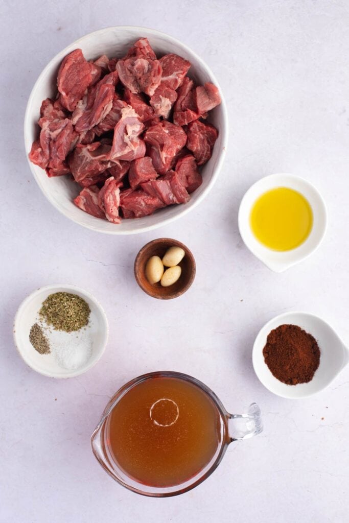 Texas Chili Ingredients - Beef Chuck Roast, Olive Oil, Seasonings, Flour and Beef Broth