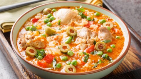 Traditional Puerto Rican Asopao de Pollo or Chicken and Rice Stew