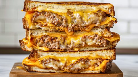 Three Cut Halves of Patty Melts with Gooey Cheese and Juicy Burgers Stacked on a Wooden Cutting Board on a White Marble Table