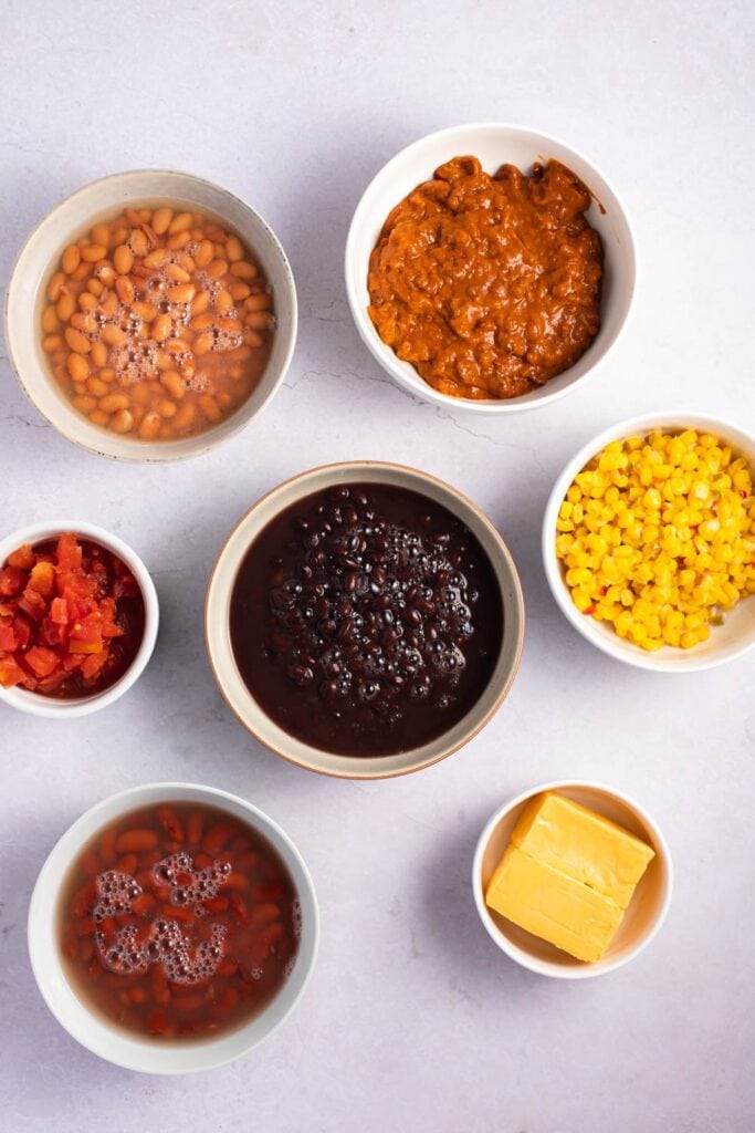 7-Can Soup Ingredients - Corn, Red and Green Peppers, Meat-Only Chili, Beans and Diced Tomatoes