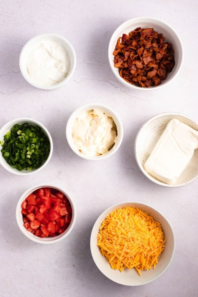 BLT Dip Ingredients - Bacon, Mayonnaise, Sour Cream, Cheese, Tomato, Green Onions and Toppings