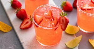Boozy Refreshing Strawberry Margarita with Lime and Crushed Ice