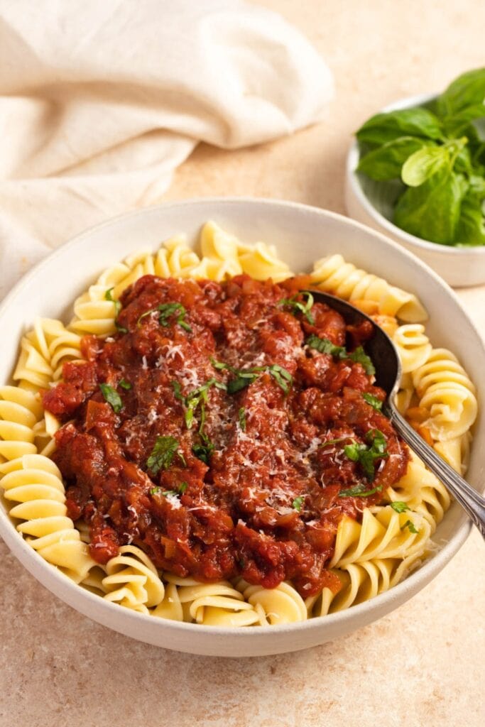 Bowl of Homemade Arrabbiata Sauce with Noodles and Aromatic