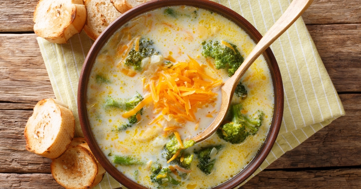 Bowl of Homemade Broccoli Cheese Soup with Bread