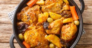 Braised Chicken Meat with Prunes, Potatoes and Carrots