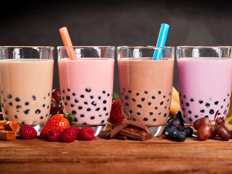 Caramel Strawberry Chocolate Grapes Boba Tea in Clear Glasses