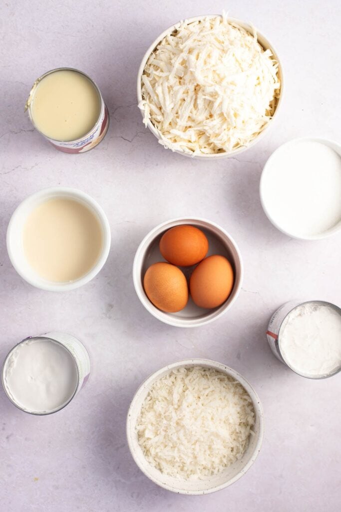Cassava Cake Ingredients - Cassava, Milk, Coconut Milk, Egg Whites and Sugar