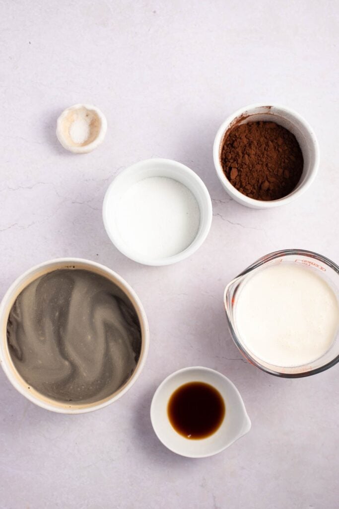 Chocolate Coffee Ingredients - Sugar, Baking Cocoa, Boiling Water, Vanilla Extract, Salt, Whipped Cream and Brewed Coffee