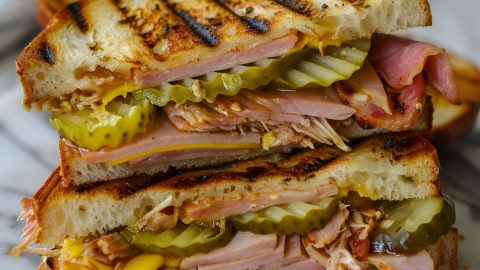Close Up Cross Section of Halved Cuban Sandwich with Ham, Pork, Cheese, Pickles, and Mustard