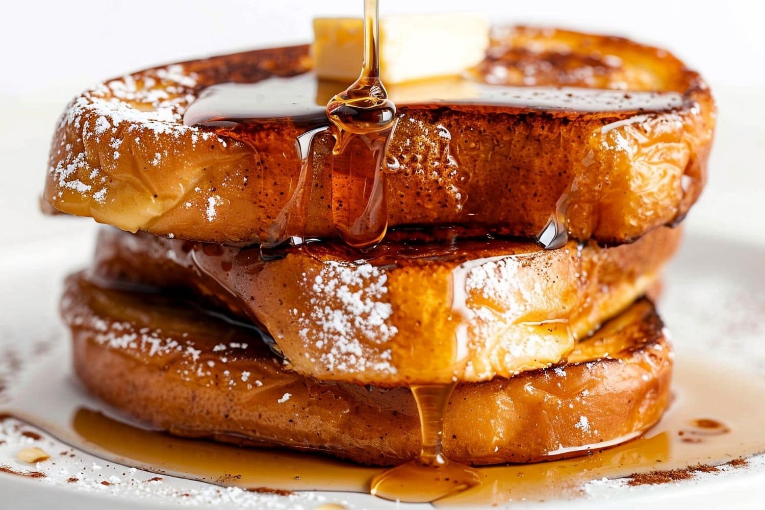 Three Slices of Eggnog French Toast Stacked with Butter, Powdered Sugar, Cinnamon, and Maple Syrup on a White Plate