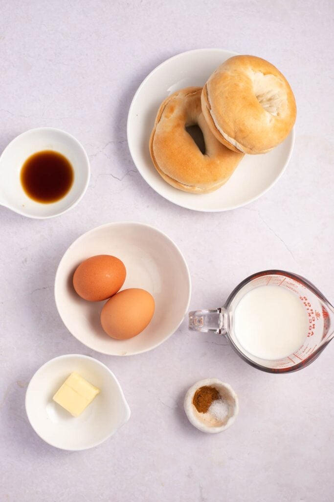 French Toast Bagel Ingredients - Bagels, Eggs, Milk, Cinnamon, Vanilla, Salt and Butter