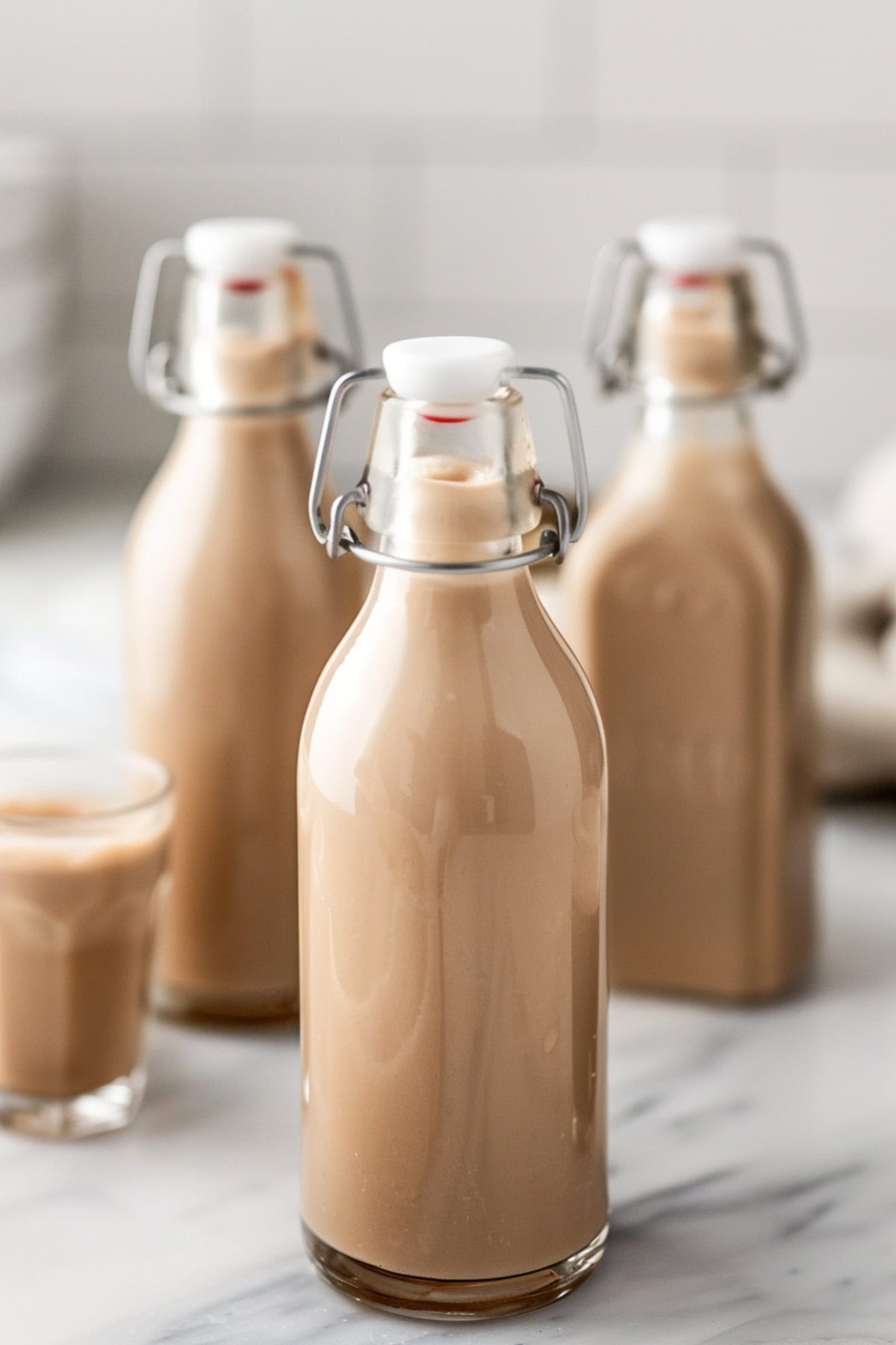 Three bottles of homemade Bailey's Irish cream on a white marble countertop.