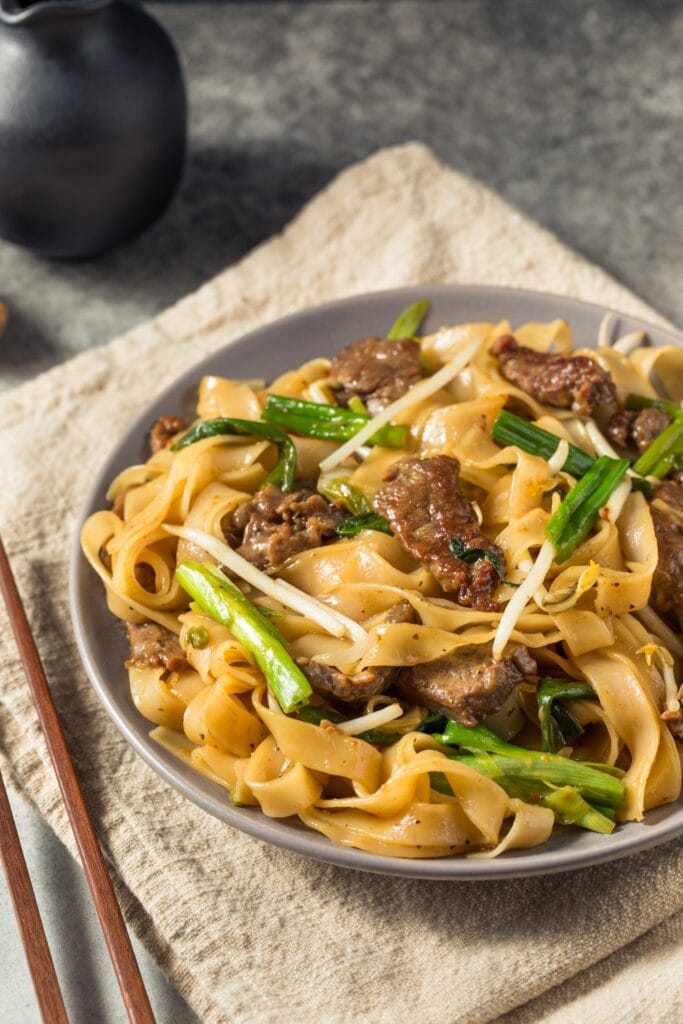 Homemade Beef Chow Fun Chinese Noodles with Scallions