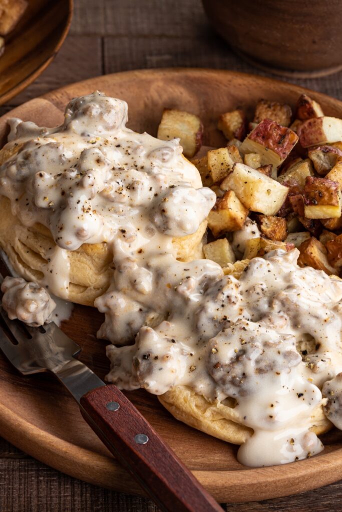 Homemade Biscuits and Gravy with Roasted Potatoes
