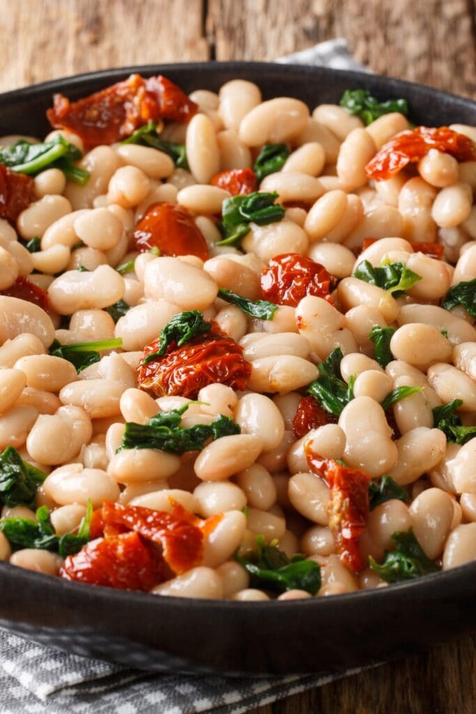 Homemade Boiled White Beans with Dried Tomatoes and Spinach