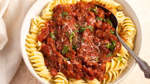 Homemade Bowl of Arrabbiata Sauce with Noodles and Herbs