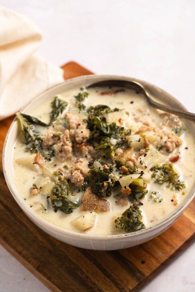 Homemade Creamy Zuppa Toscana Soup with Italian Sausage, Kale, Beans and Potatoes