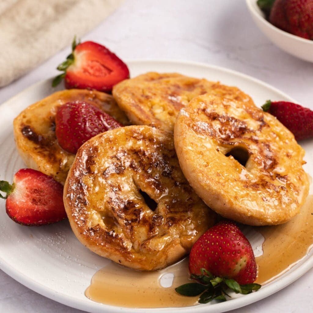 Homemade French Toast Bagel with Honey and Strawberries