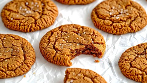 Several homemade ginger cookies sitting on a white parchment paper