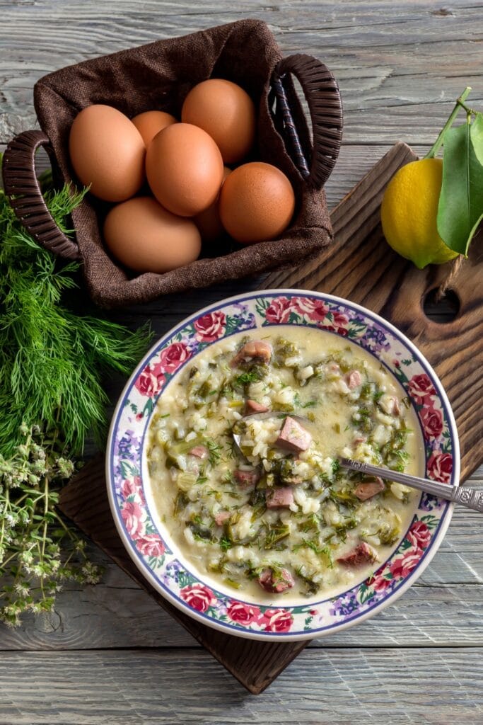 Homemade Greek Easter Soup Magiritsa with Lamb, Rice, Onions and Dill