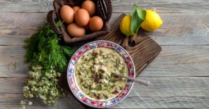 Homemade Greek Soup Magiritsa with Lamb, Eggs and Lemons