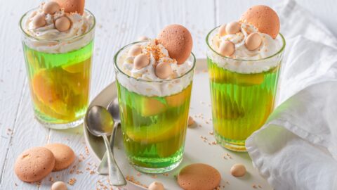 Homemade Green Jelly with Whipped Cream, Bread and Egg Candies