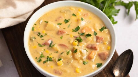 Homemade Sausage Potato Soup with Corn and Parsley