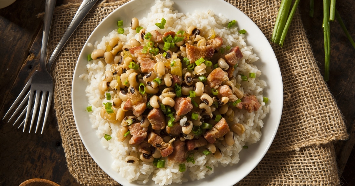 Homemade Southern John Hoppins with Black Eyed Peas, Rice and Pork