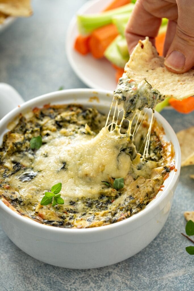 Homemade Spinach Artichoke Dip Served with Chips
