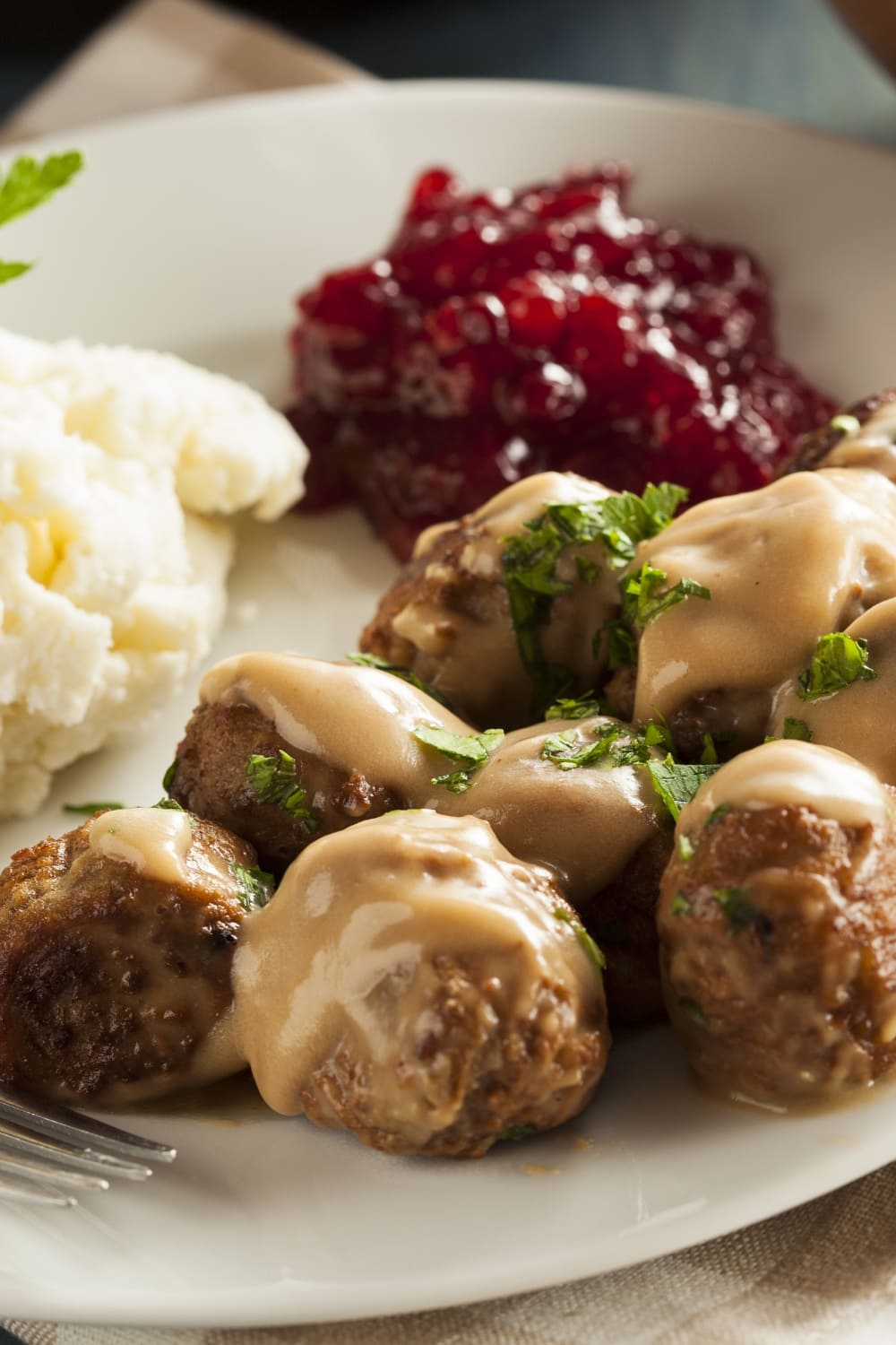 Homemade Swedish Meatballs with Gravy, Mashed Potato and Cranberry Sauce