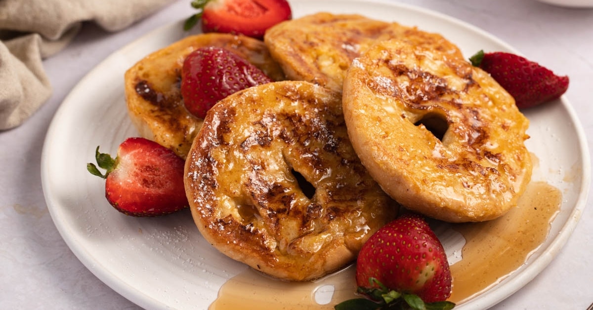 Homemade Sweet, Savory and Doughy French Toast Bagel with Strawberries and Honey