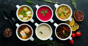 Homemade Variety of Soups with Meat, Chicken and Fish