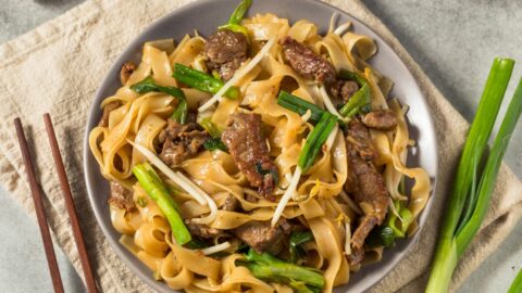 Homemade Beef Chow Fun Chinese Noodles with Scallions