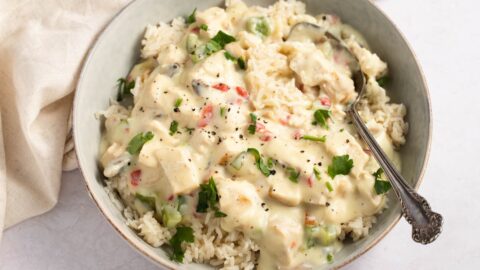 Homemade Creamy Chicken a la King with Rice and Herbs