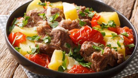 Homemade Khashlama Stew with Meat, Potatoes and Tomatoes