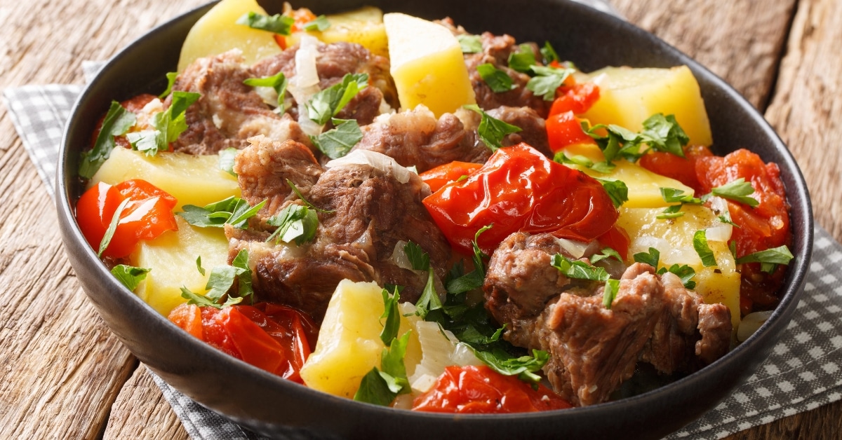 Homemade Khashlama Stew with Meat, Potatoes and Tomatoes
