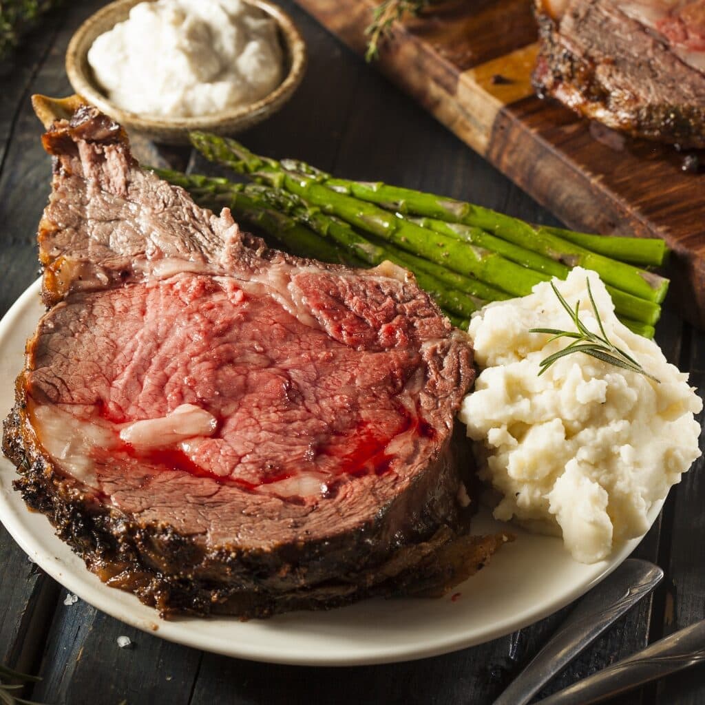 Homemade Roasted Prime Rib with Green Beans and Mashed Potato