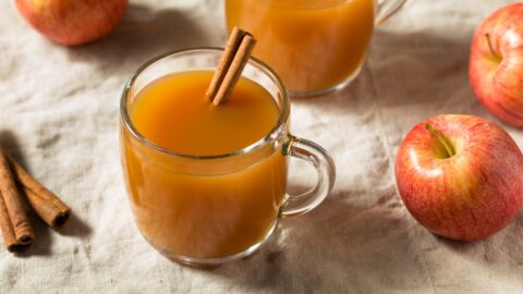 Hot Warm Apple Cider with Fresh Fruits and Cinnamon