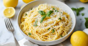 Spaghetti flavored with lemon sprinkled with parmesan cheese