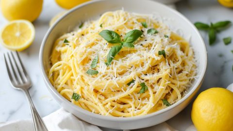 Spaghetti flavored with lemon sprinkled with parmesan cheese