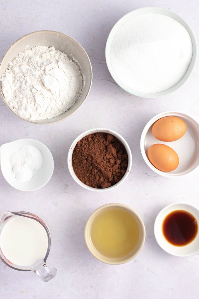 Moist Chocolate Cake Ingredients - Flour, Granulated Sugar, Cocoa Powder, Baking Powder, Espresso Powder, Salt, Eggs, Milk and Vegetable Oil