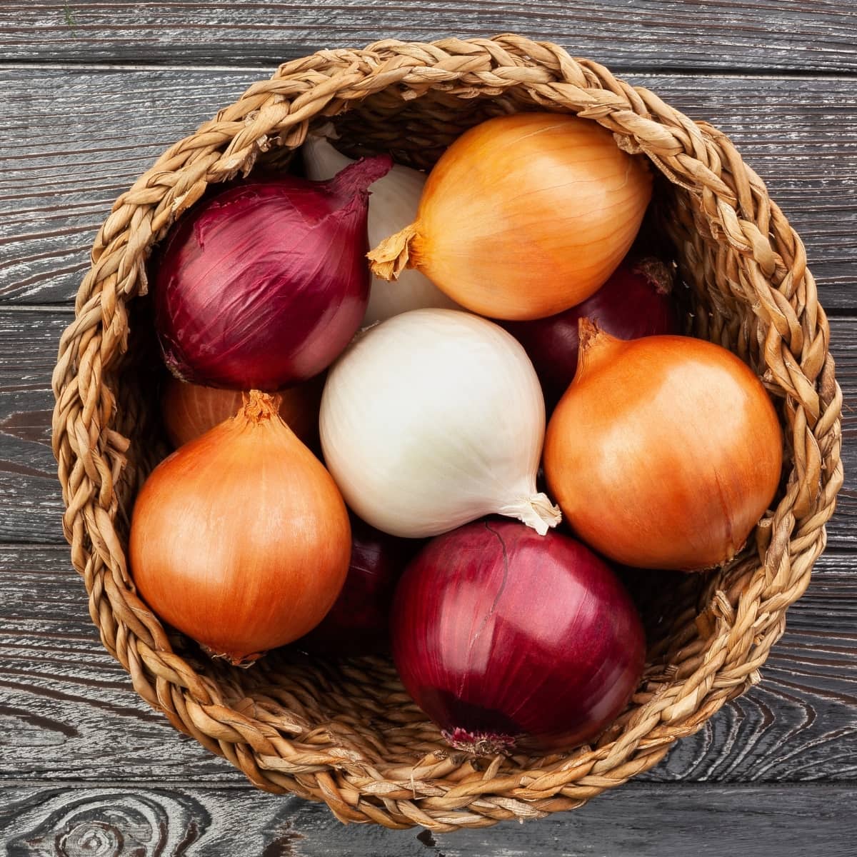 Different Types of Onions in a Basket
