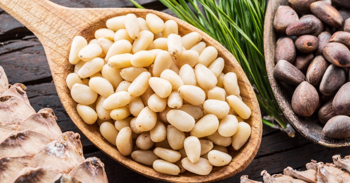 Organic Pine Nuts in a Wooden Spoon