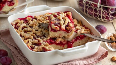 Plum Streusel Cake in White Baking Dish